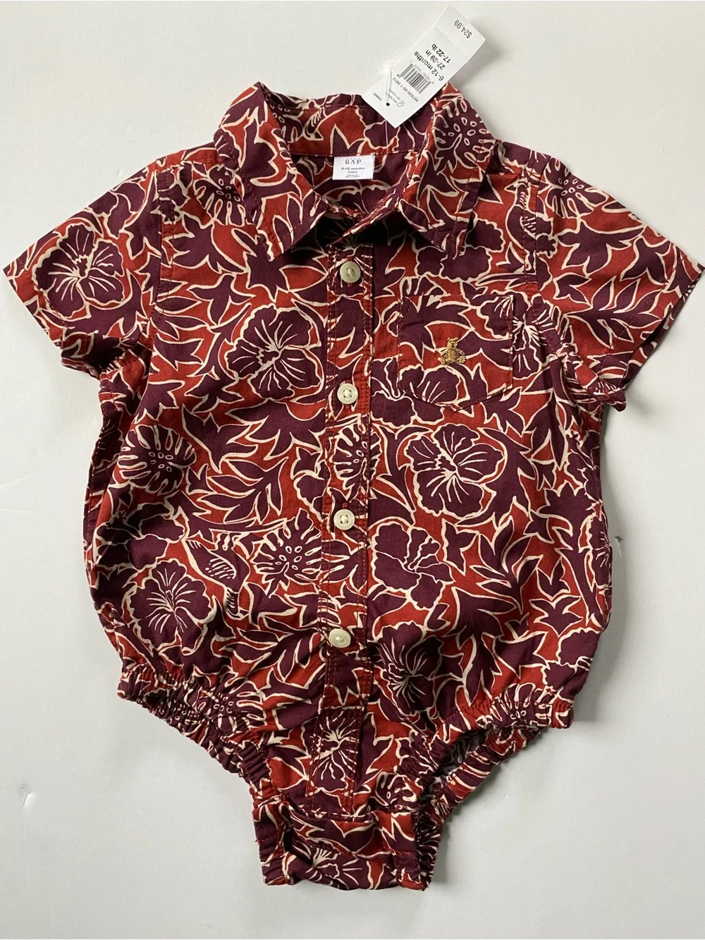 GAP Hawaiian Shirt Size 6 12 Months NWT One Piece Snap Top New Floral Red Orange